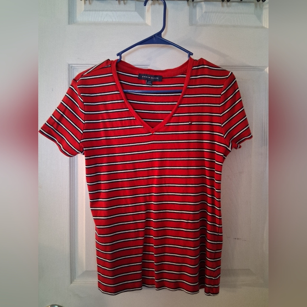 Tommy Hilfiger Red Striped V-Neck T-Shirt